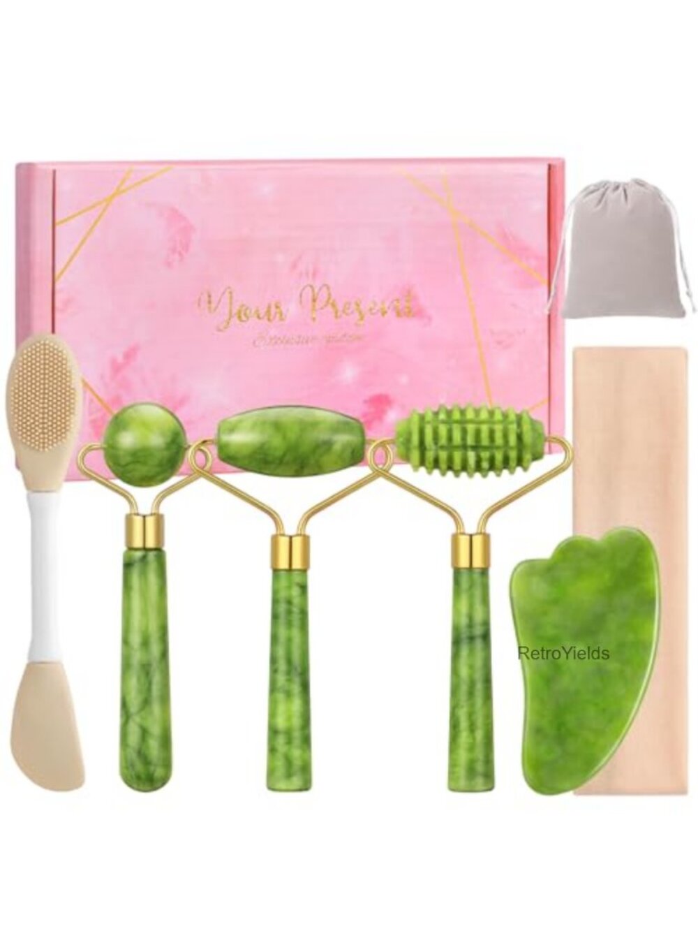 Jade Roller Gua Sha Set Natural Stone Facial Massager 6Pc Skincare